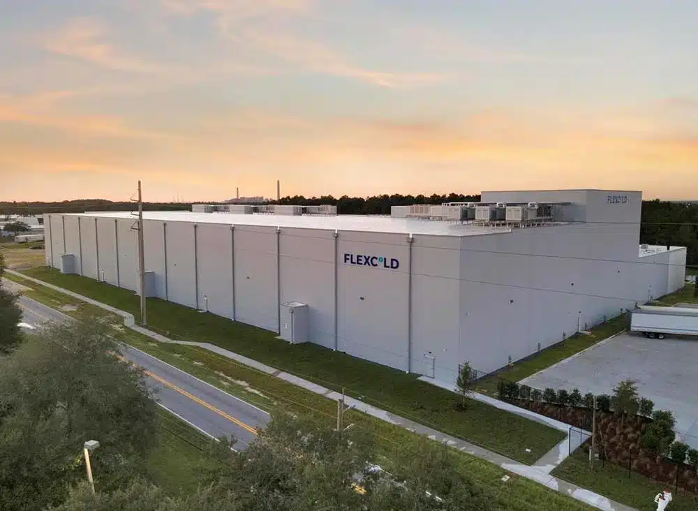 Flexcold building exterior at sunset